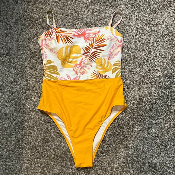 Tropical Leaf Print & Yellow Colorblock One-Piece Swimsuit Medium - Picture 1 of 3